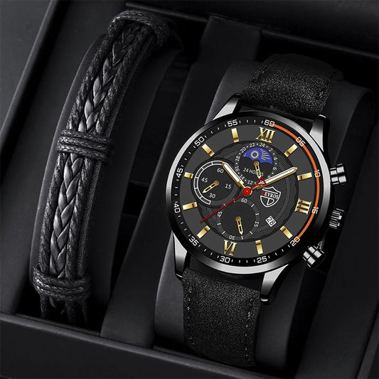 Men's Fashion Sport Watch & Leather Bracelet Set